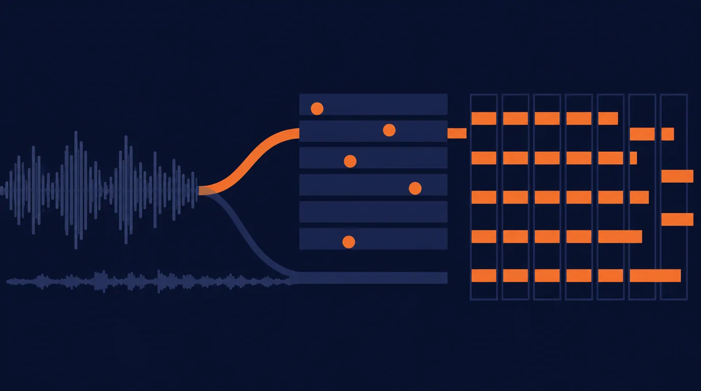 Four measured failure points in an AI dubbing pipeline, drawn as a signal path from source audio through separation, casting, synthesis and re-timing